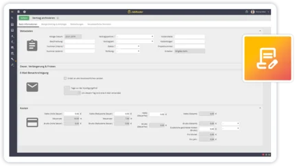 JobRouter Oberfläche mit Vertragsmanagement: Informationen zum Vertrag angeben und automatisierte Folgeprozesse einrichten, Beispielsweise Ekslationen oder Löschfristen. 