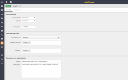 JobRouter Ticket System Screenshot - creating an inquiry