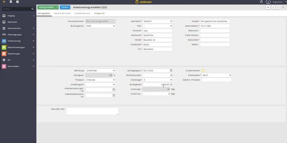 Oberfläche Arbeitsvertrag erstellen