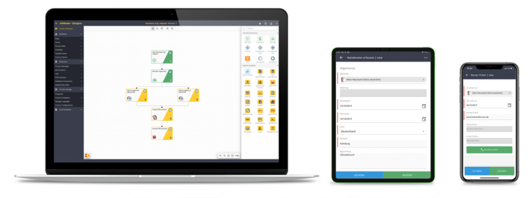 Laptop Tablet Smartphone mit JobRouter Arbeitsoberfläche