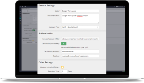 Screenshot of the JobRouter® interface: Edit e-mail inbox
