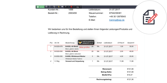 Screenshot Rechnungsverarbeitung Vermerk