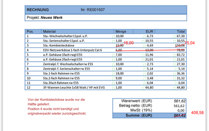 Screenshot Baurechnung korrigiert